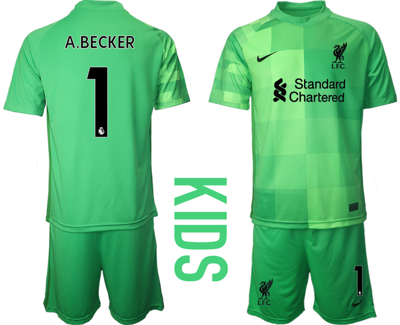 Youth 2021-2022 Club Liverpool green goalkeeper #1 Soccer Jersey